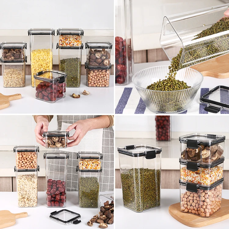 Food Storage Bottles Plastic Clear Dry Food Container With Lids Kitchen ...