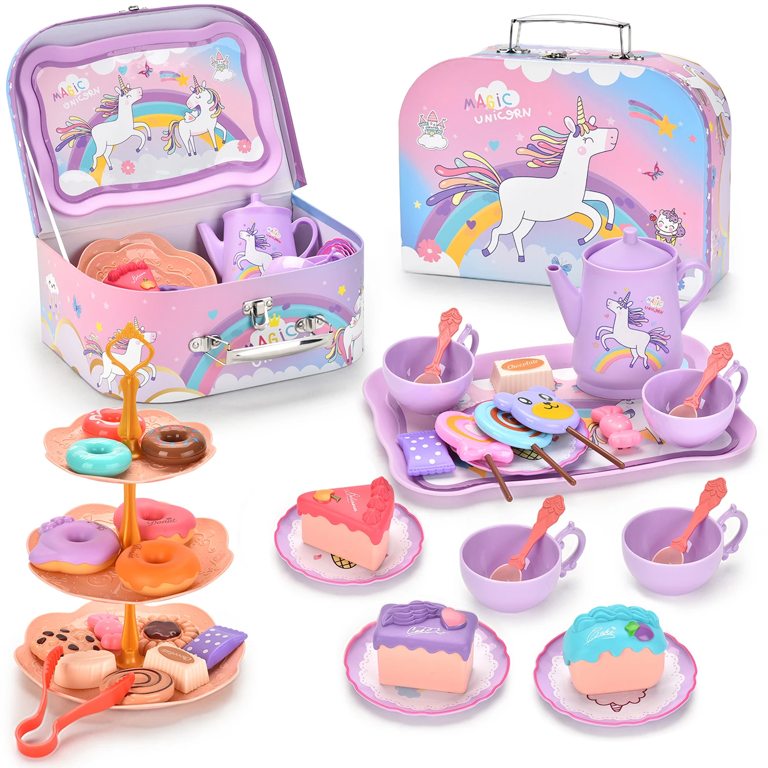 Unicorn Tea Party Set Princess Pretend Play Preschool Plastic Teapot and Cup Set Tea Play Kitchen Toys for Kids