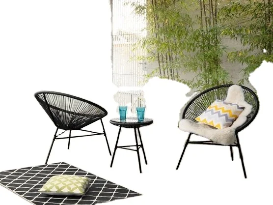 2 Seater Bistro Set Multi-Color Rattan Wicker Acapulco Lounge Chair With Woven Basket String Moon Chair and Glass Table
