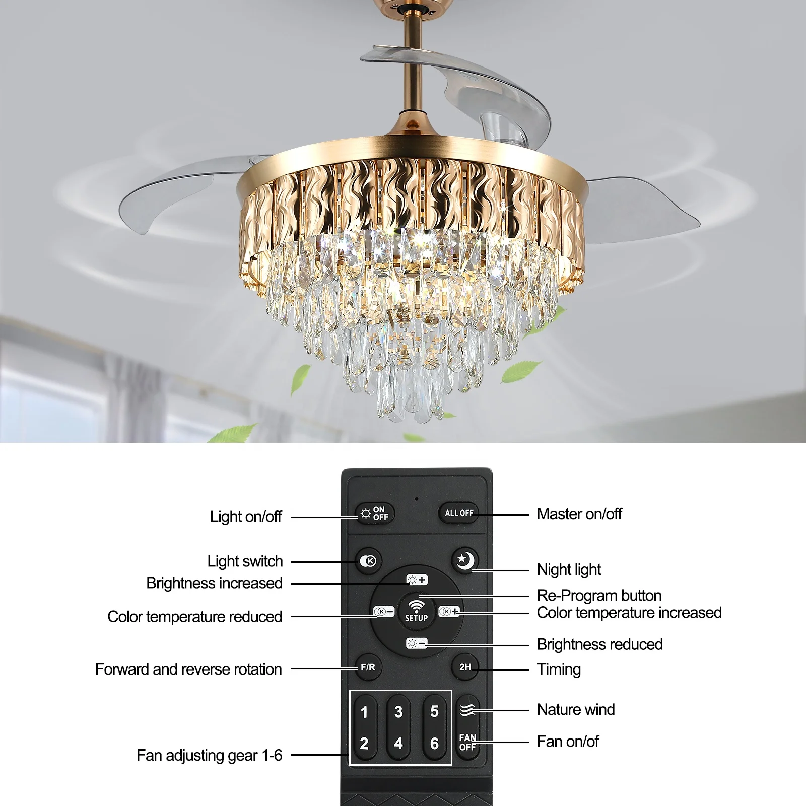 PC Hidden Blades App Intelligent Remote Control Fandelier Ceiling Fan With Light