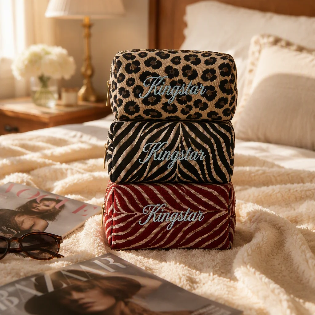 Bolso para maquillaje al por mayor con logotipo personalizado, estampado de animal zebra en poliéster, ideal para niñas, escuela, gimnasio, vacaciones o almacenamiento de artículos de tocador, con cremallera