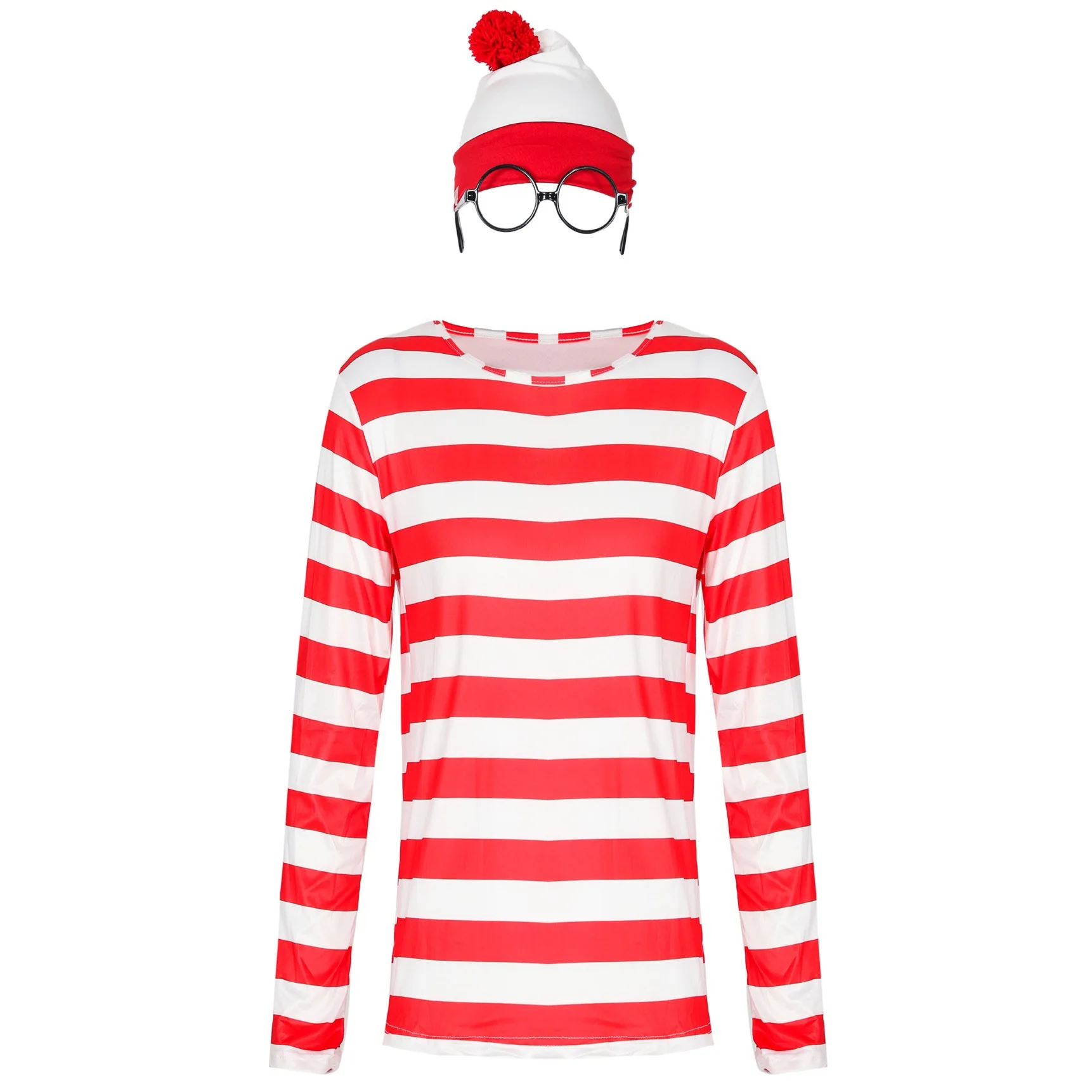 Wheres Wally Kostüm-Set – Rot-weiß Gestreiftes T-Shirt, Mütze & Brille Für Herren, Damen, Kinder