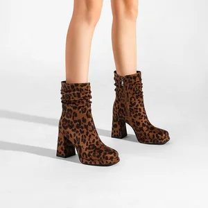 Moncheer Women's Summer Korean Western Ankle Boots Leopard Print Rhinestone Chunky Block Heel Platform Short Boots Party Fashion