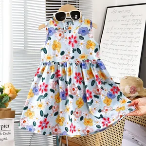 New Summer Collection O-Neck Collar Flowers Pattern Dress Skirt for Girls Baby Princess Collection Made Viscose fiber