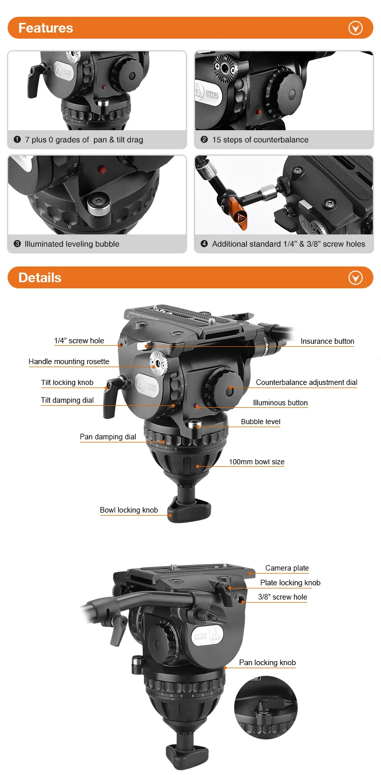 E-IMAGE GH25 100mm Heavy Duty Fluid Video Head with Sliding Plate and 2-Section