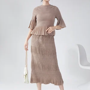 Miyake 2024 Women's Casual Two-Piece Suit Factory Wholesale Print Fabric Top Skirt for Summer Office Wear Pleated Decoration