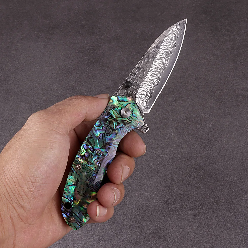 Exquisite Natural Shell Handle Key Knife Damascus Steel Women Portable Self Defense Folding Pocket Knife