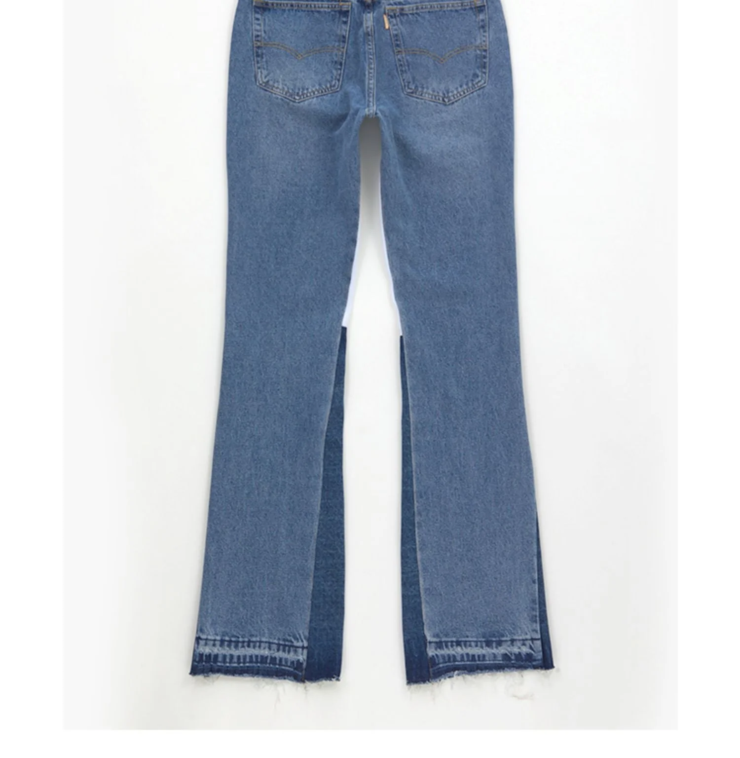 High Quality Men Slim Fit Raw Edge Washed Patchwork Ripped Denim Stacked Flare Jeans