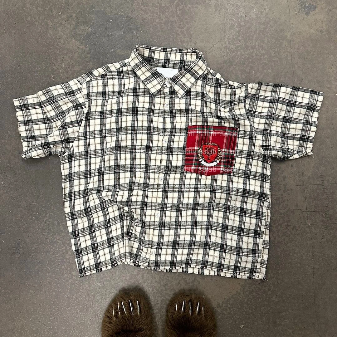 Salati Custom Designer Tshirts Embroidery Boxy Oversized Shorts Sleeve Button up T-shirt Check Plaid Flannel Shirts for Men gallery 2