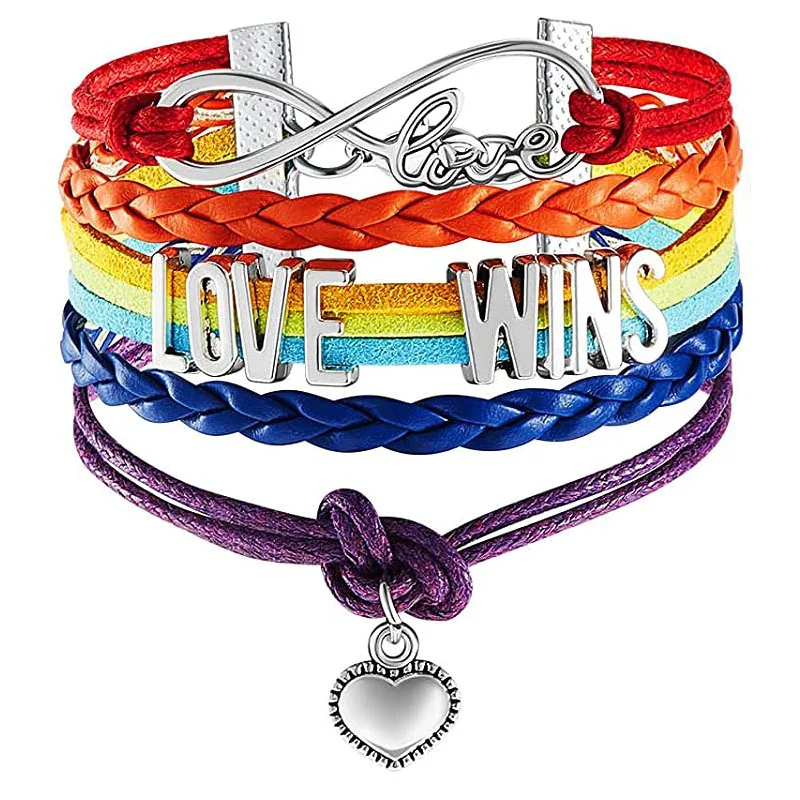 100 Models Manufacturer LGBTQ PRIDE Wrap Bracelet Love Wins Follow Your Heart Rainbow Leather Cord LGBT Bracelets for Women