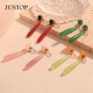 18K Gold Plated Stainless Steel Water Drop Earrings with Natural Stone Dangling Pendant with Charm Fashion Drop Pendant Necklace