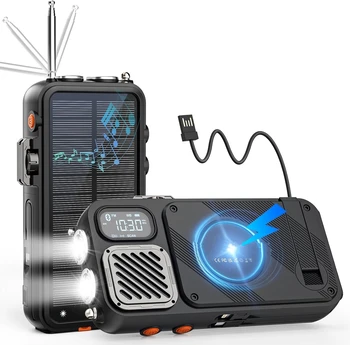 Emergency Radio Solar Power Bank  Hand Crank Bluetooth Speaker 20W Fast Charge Wireless Phone Charger  Flashlight for Emergency