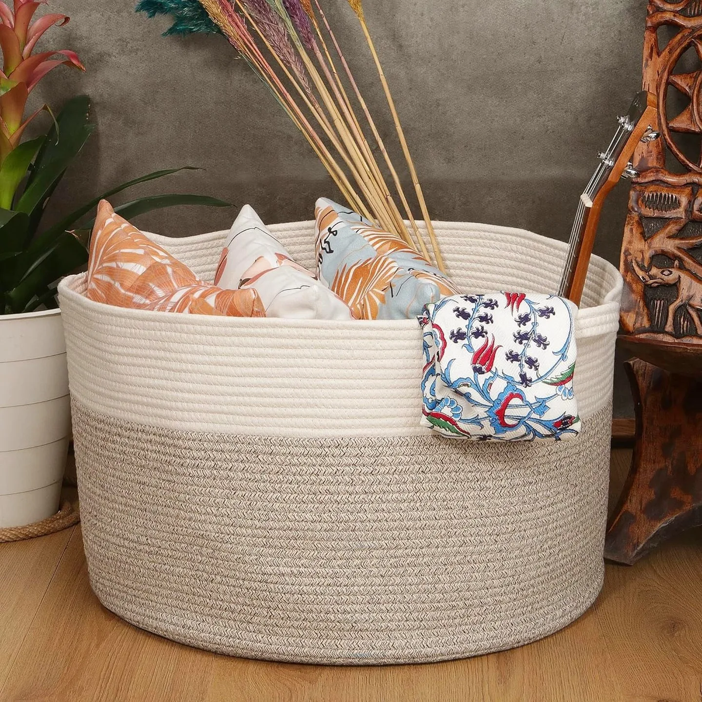 Extra Large Cotton Rope Woven Basket, Throw Blanket Storage Basket with ...