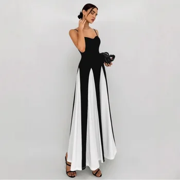 Elegant Sleeveless Color Block Pleated Maxi Dress Low-Cut High-Waisted Flowing Suspender Patchwork Swing Dress for Women