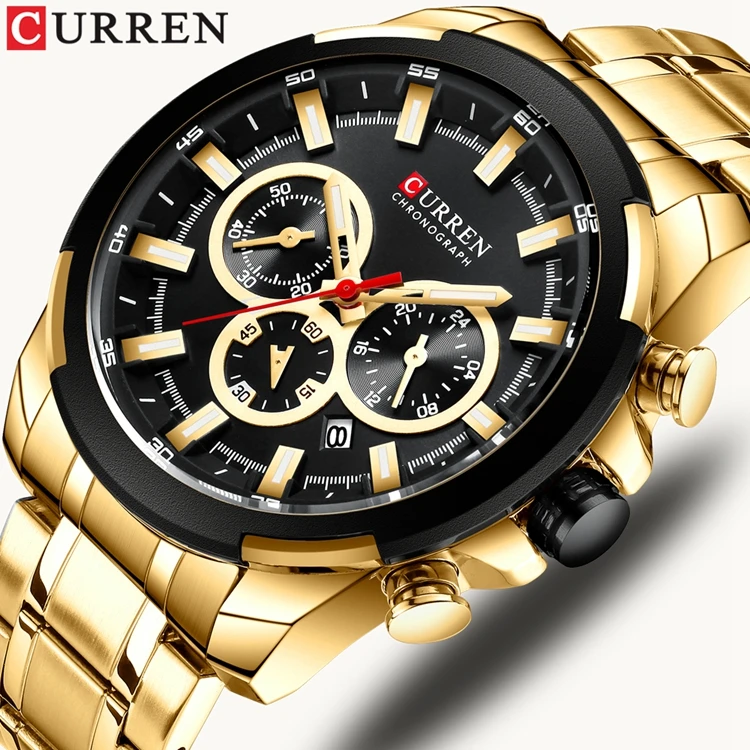 CURREN Orologio Uomo Acciaio Quarzo Con Data E Doppio Fuso Orario – Quadrante Grande 48 Mm Oro – Impermeabile 3 ATM - 2