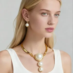 Women's Classic Style Copper Alloy Pearls Choker Necklace Earrings Jewelry Set for Wedding Engagement Gift Catholic