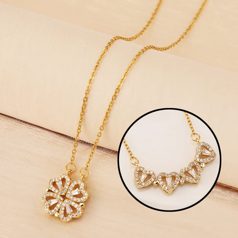 Korea Two Wear Four-Leaf Clover Love Heart Pendant Necklace Stainless Steel Zircon Magnet Necklace for Girls Women Fashion