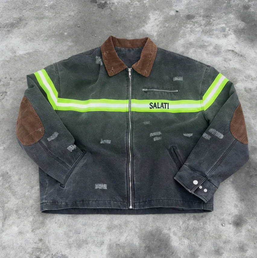 SALATI Men's Washed Denim Jacket with Corduroy Collar Elbow Patches Reflective Stripes Zip Front Vintage Distressed Streetwear