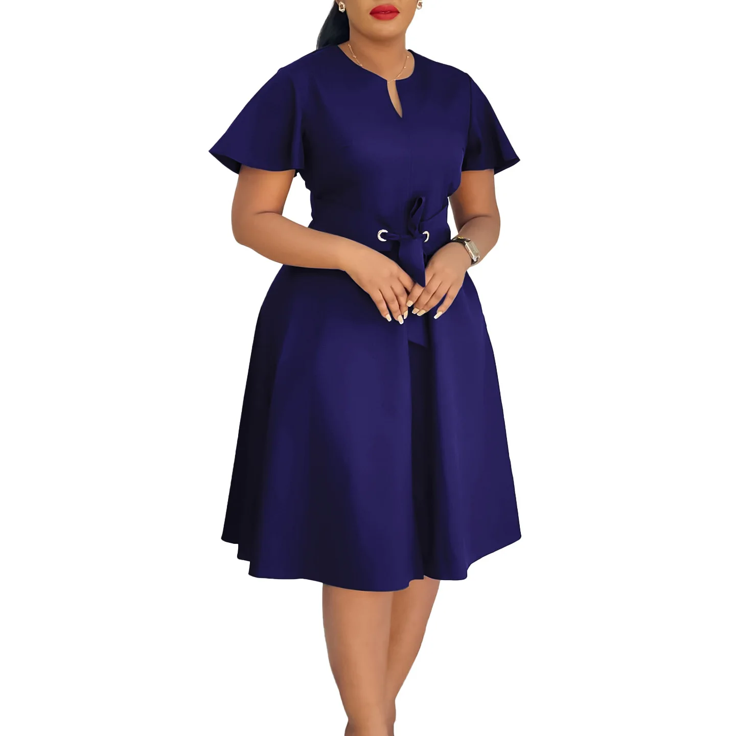 Trendy Summer Dresses Women Casual Elegant Solid Color O-neck Short Sleeve  Lace up Ladies Office Dress for Women