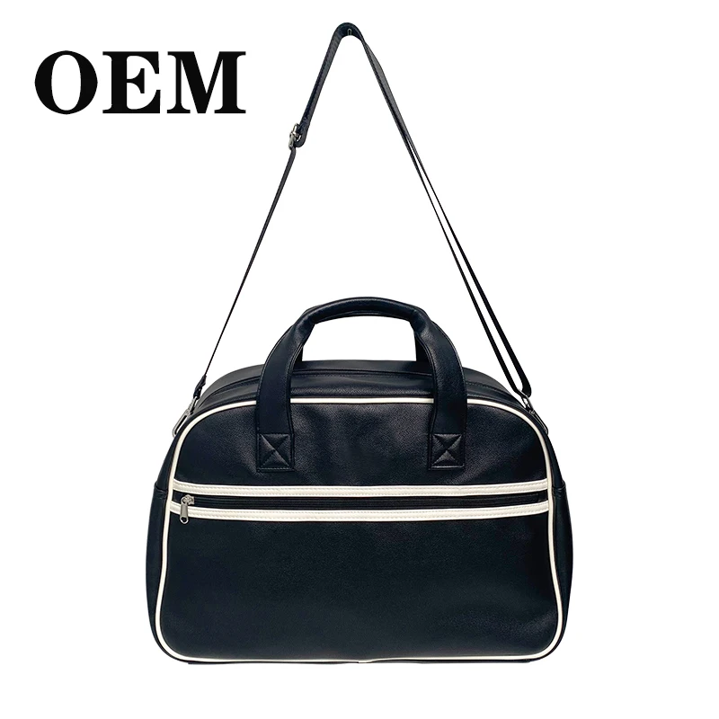 Large Waterproof PU Leather Duffel Tote Bag Shoulder Strap Organizer Zipper Closure for Sports Travel Black Letter