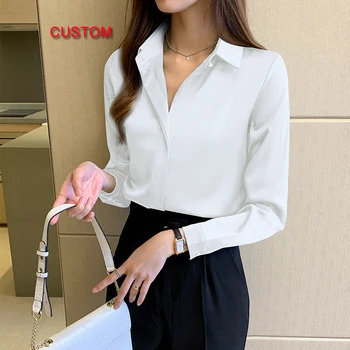 Custom Women White Silk Shirt Tops Lady Long Sleeve Office Satin Silk Blouse