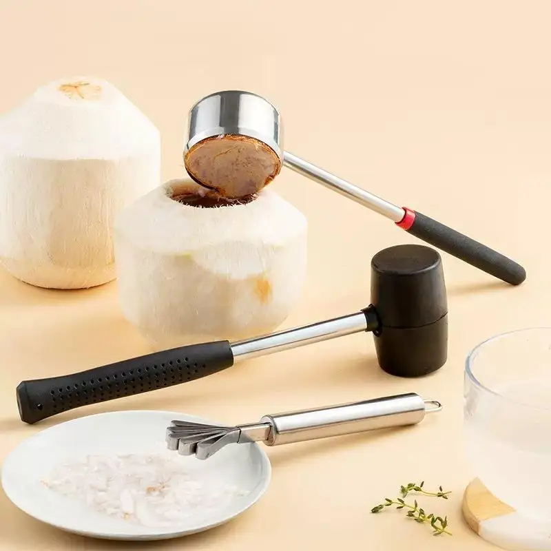 Kitchen Gadgets Handle Meat Removal Coconut Scraper Rubber Mallet Stainless Steel Coconut Opener Tools Set