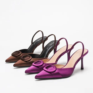 Hot Selling Autumn Pointed Toe Thin Heel Elegant Satin Slingbacks Sandals Summer Women Fashion High Heel Sandals