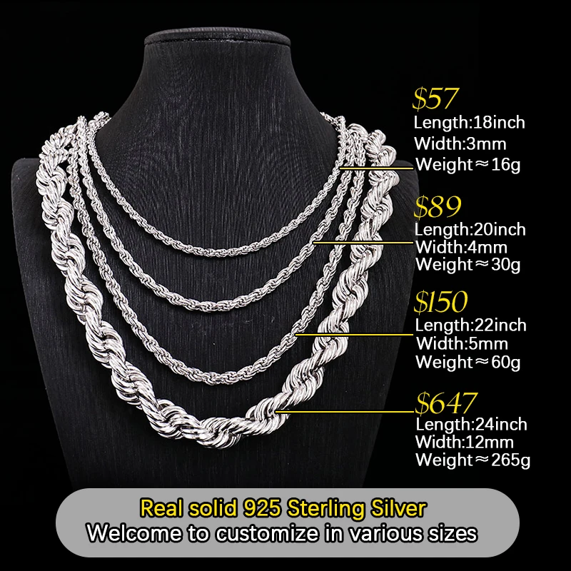 Real 925 Sterling Silver 3mm-12mm Rope Chain Necklace For Men