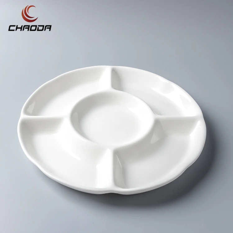Chaoda Ceramic Divide Plates 5 Compartments Porcelain Snack Plate High Quality White Ceramic Dessert Nut Dishes for Hotel Home