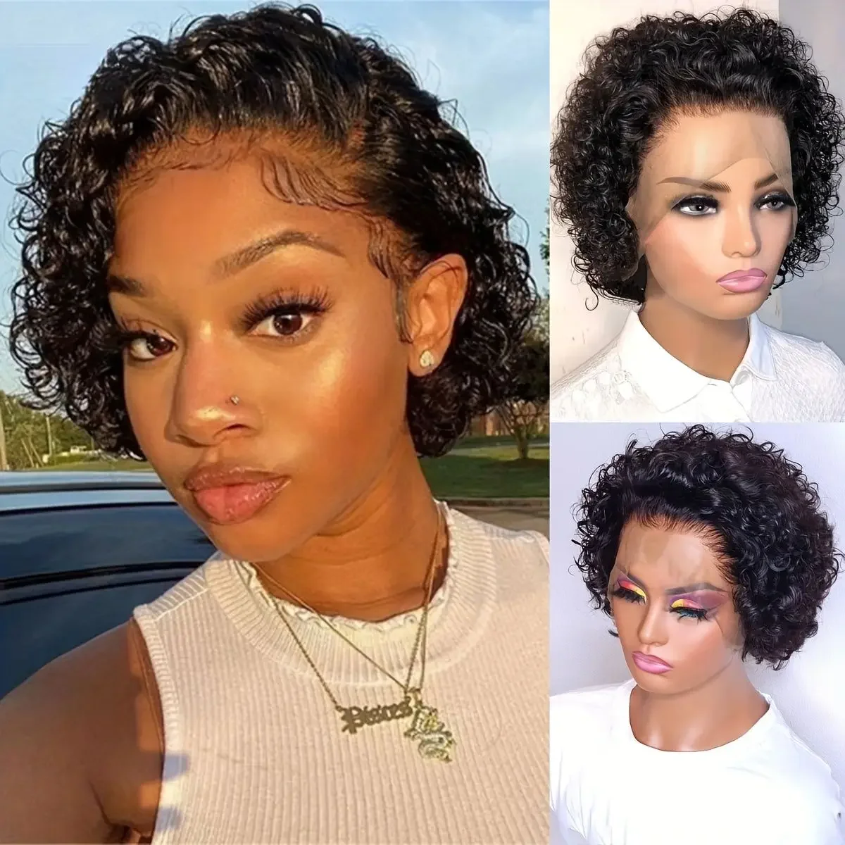 Korte Pixie Cut Pruik Menselijk Haar Pruiken Water Wave Ombre Bruin 13x1 Transparante Kant Voorkant Pruik Braziliaanse Maagdelijke Krullende Pruiken Voor Vrouwen_voghion.com