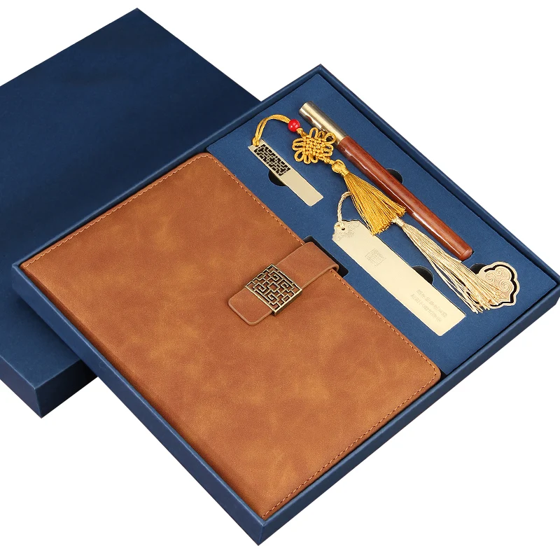 New Arrival Color Logo Diary A5 Plan Notebook High-End Chinese Style Leather Notepad Gift Set Journal Set