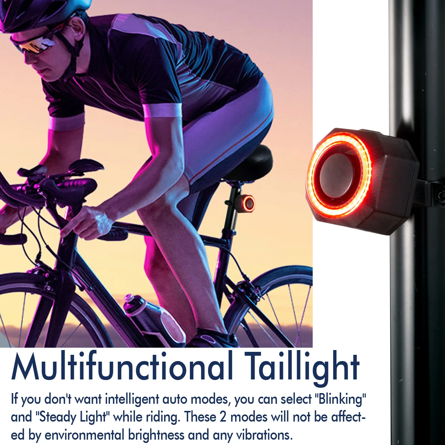 Rechargeable USB Powered Bicycle Alarm with Vibration Sensor Tail Light Smart Brakes Flashlight LED Light for Bikes