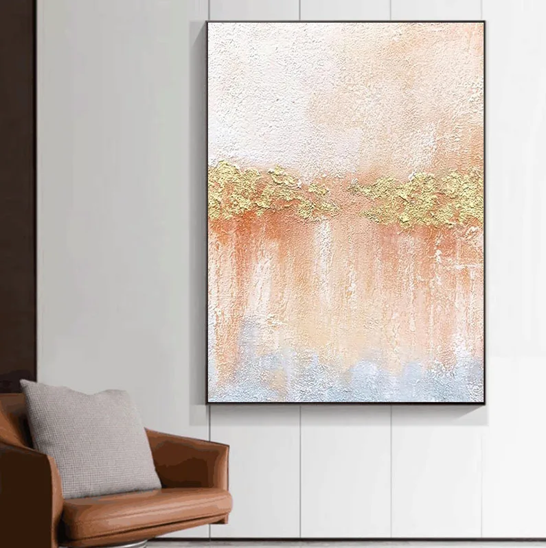 Modern Handmade Gold Foil Pink Wall Art Oil Painting Canvas Abstract ...