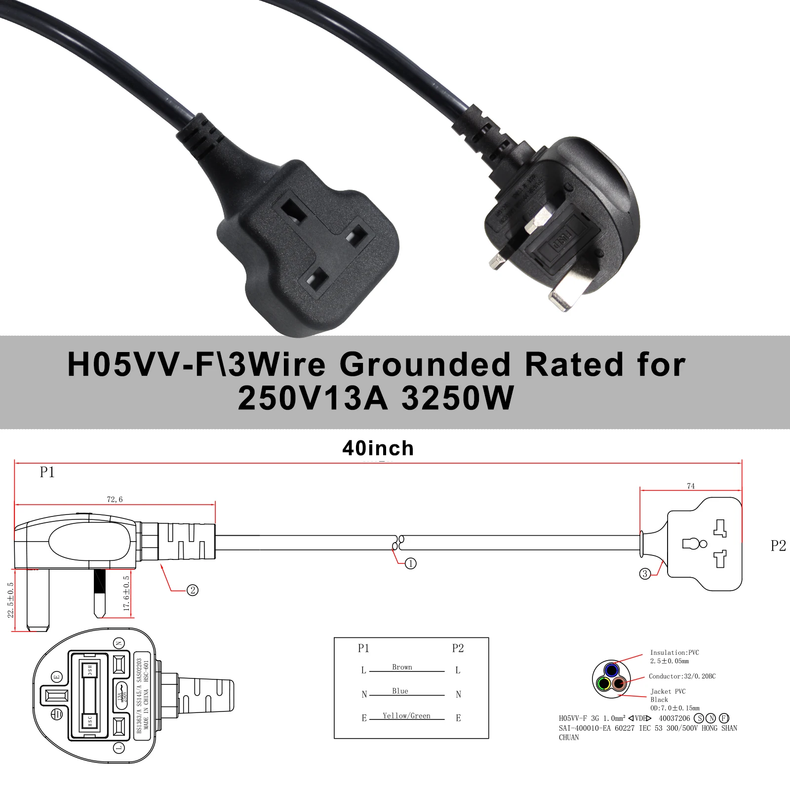 15a Black Type Electric Plug Cable 220v 12v Adapter Cctv Insulated Copper Cord Uk Ac Power Socket With Fuse 12