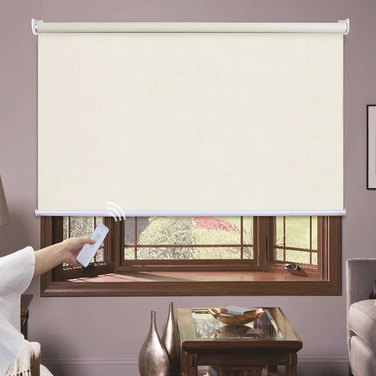 Cream Window Covering Blind with Remote Control Electrical Roller Shade 