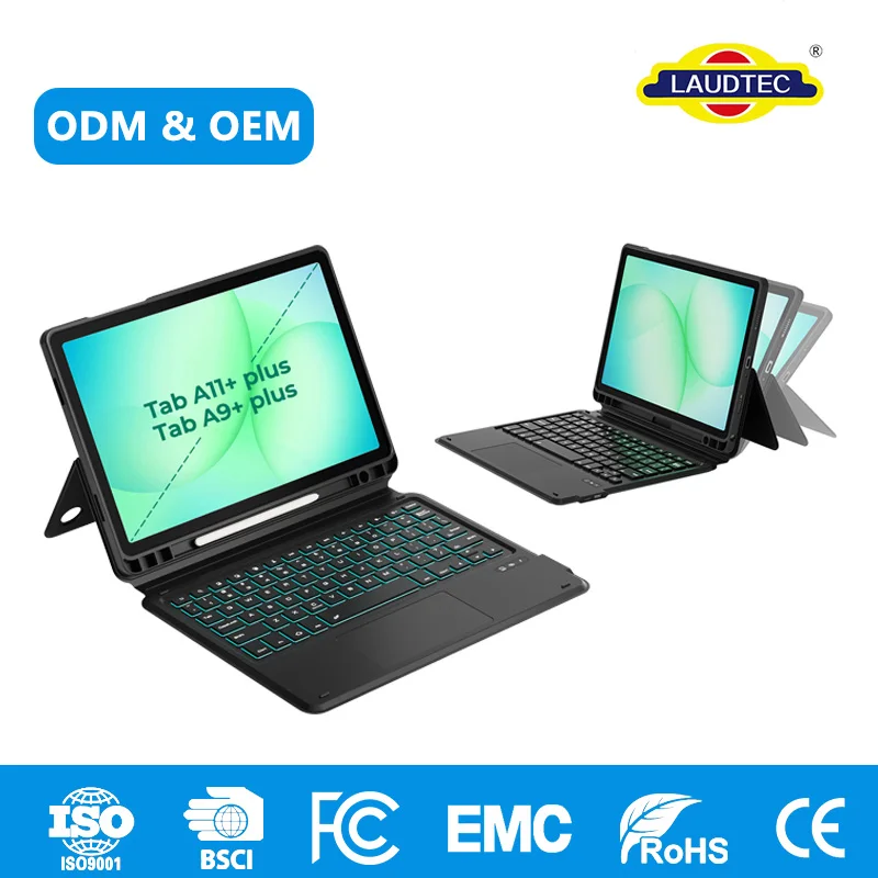 In Stock Rugged Leather Keyboard Folio with 7-Color Backlit Trackpad & S Pen Holder for Samsung Tab A9+/A11+ Plus ODM/OEM