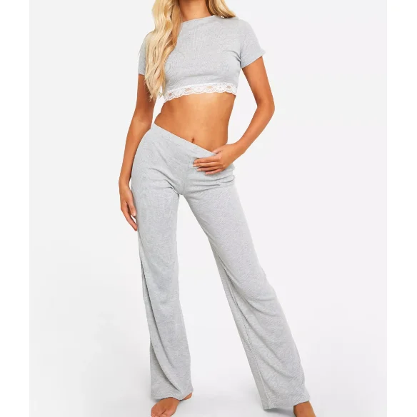 Customized Logo Printing Solid Color Tracksuit Lace Trim Crew Neck Short  Sleeve Cropped Shirts Flared Pants Women Piece Set