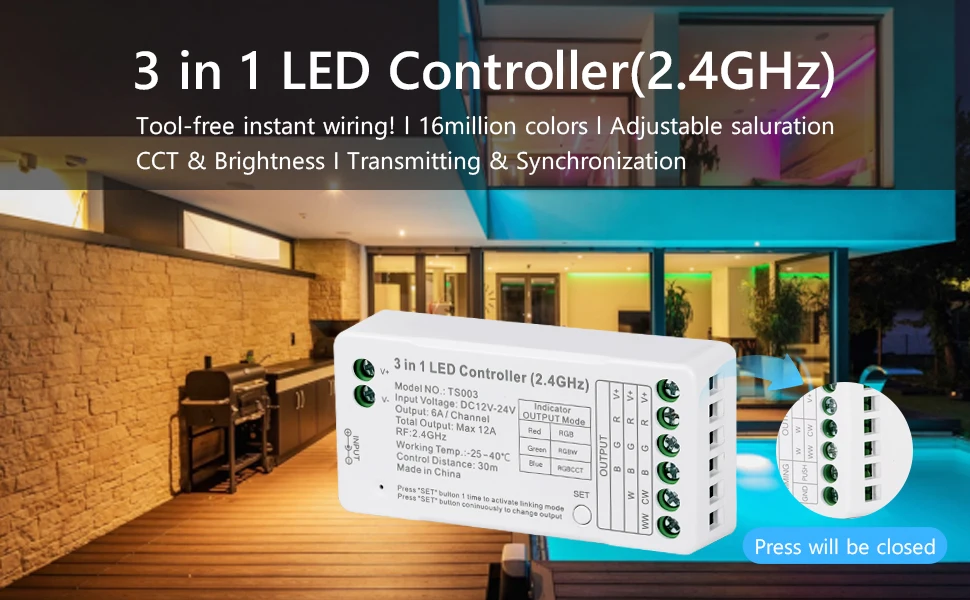 Bộ điều khiển đèn LED không dây Tuya DC 2V-24V 3 trong 1 RGB/RGBW/RGBWW Dải đèn LED Công tắc cảm ứng từ xa Chế độ Đầu ra 12A Bộ điều chỉnh độ sáng đèn LED