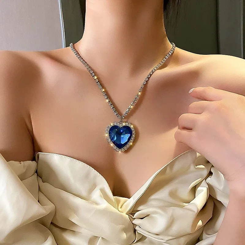 Titanic Ocean Blue Heart Love Forever Pendant Diamond Necklace