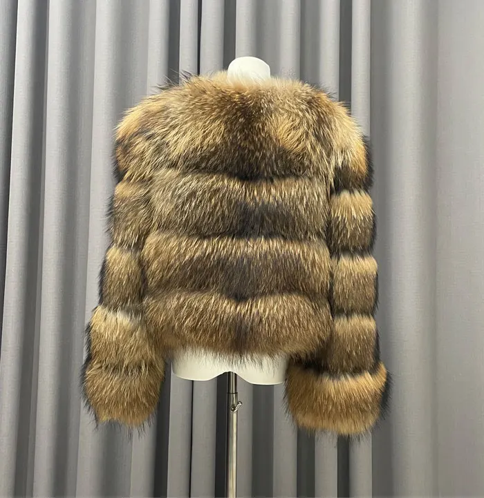 Winter Women's Warm Real Fur Coat Short Casual Long Sleeve Natural Color Raccoon Fur Coat_voghion.com