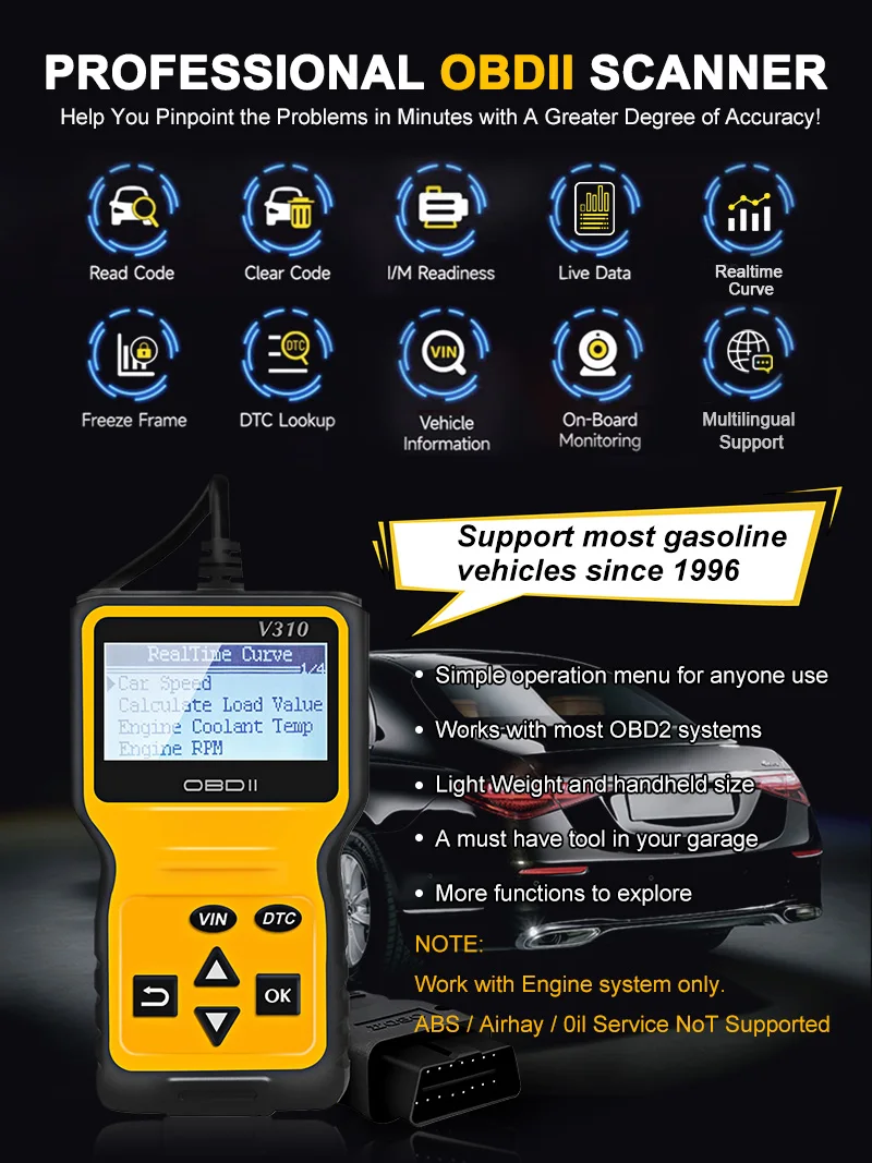 工厂价格V310黄色功能内置OBD2 DTC查找库适用于所有OBD汽车的实用多功能OBD2读码器| Alibaba.com