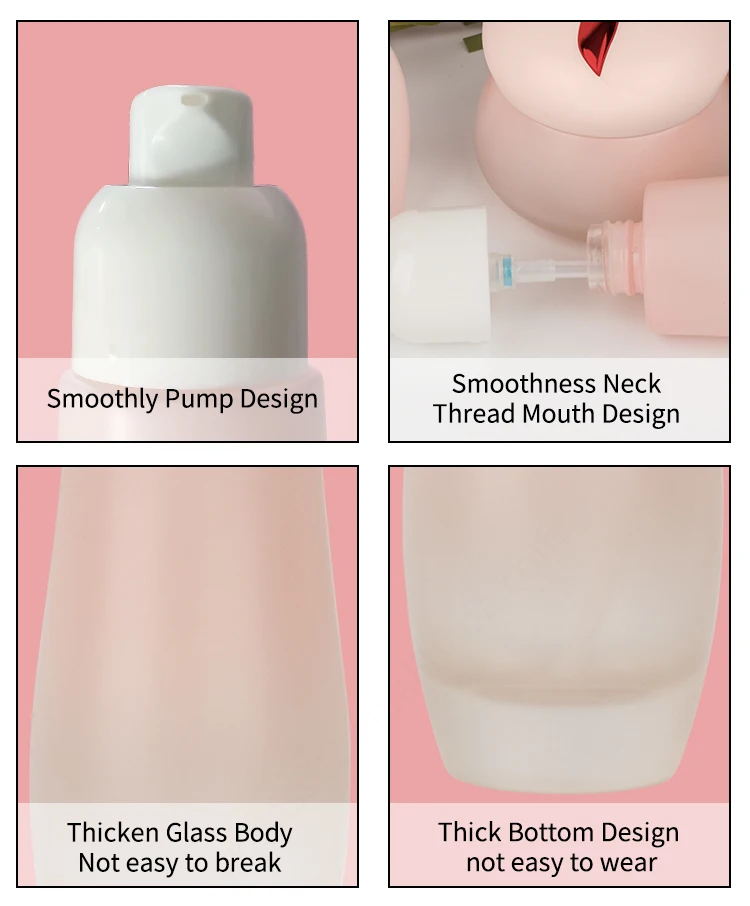 Unique shape luxury cosmetic packaging lotion serum container face cream jar pink frosted glass cosmetic bottle set details