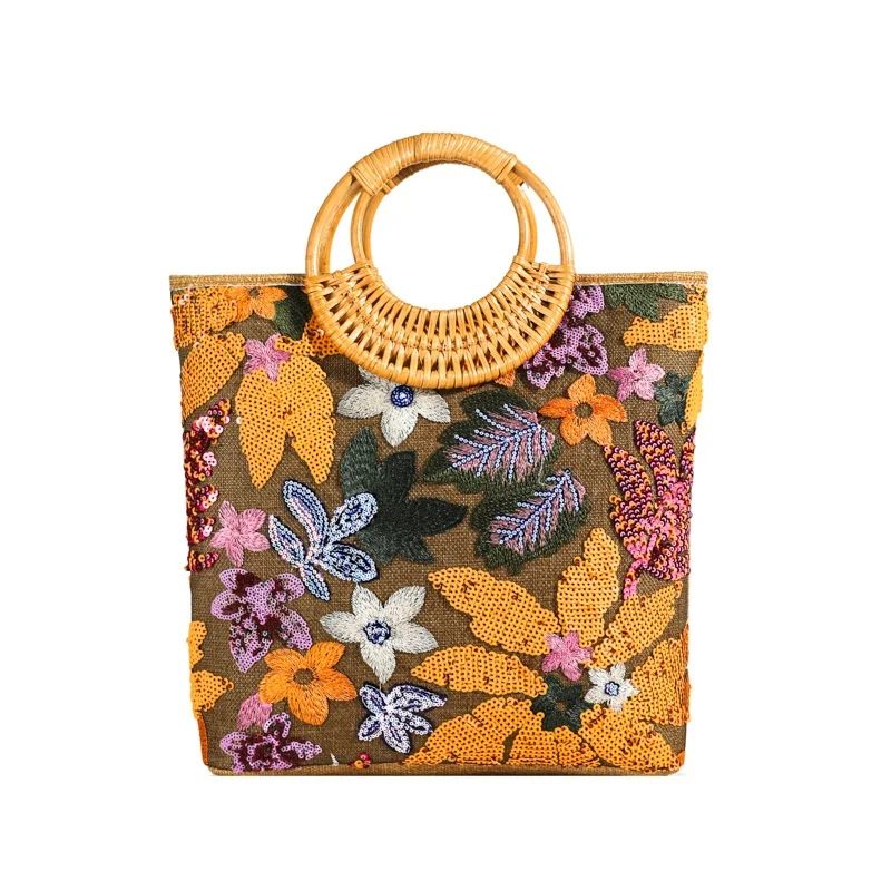 Ling Yu Cross-border Sequined PVC Zipper Tote Bag High-end Niche Embroidered Bamboo Women’s Large-capacity Fashionable Woven