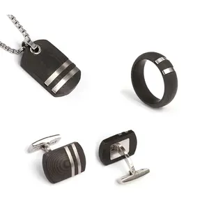 Fashionable Stainless Steel Carbon Fiber Ring Bracelet Necklace Cufflinks Jewelry Men