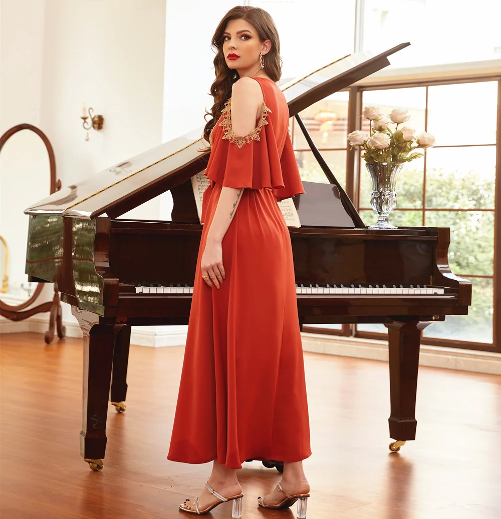 Burnt Orange Leaky Shoulder Design Ruffle Sleeve Dress Middle Eastern  Family Party Maxi Dress