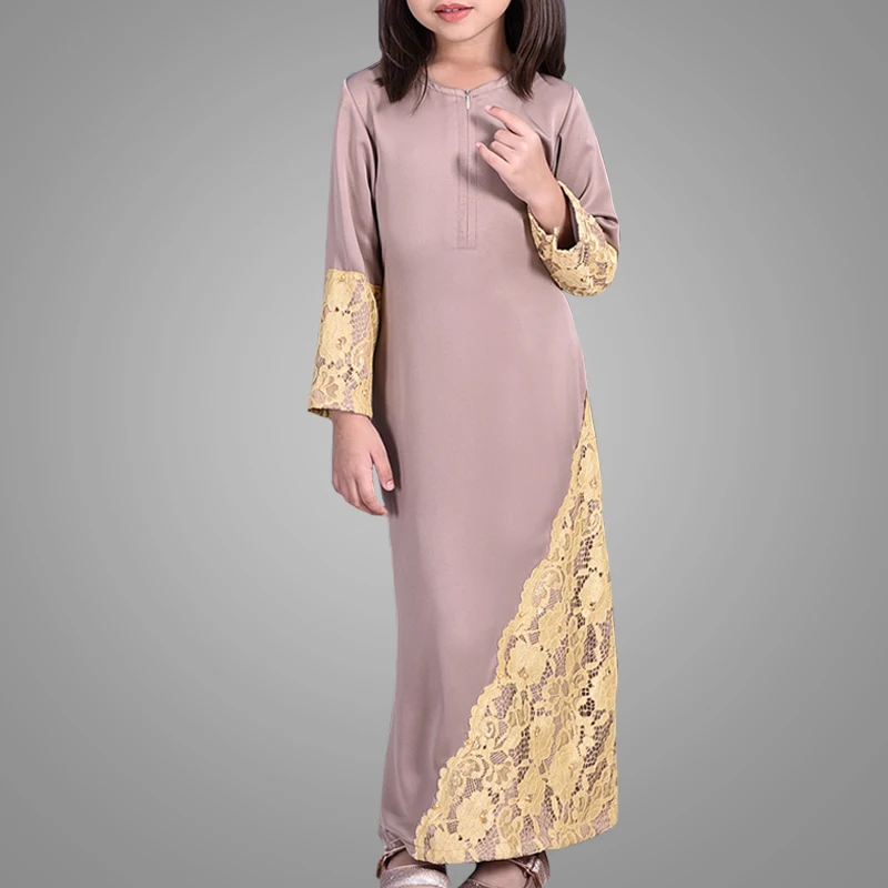 Wholesale Lace Applique Muslim Kids Abaya Newest Saudi Arabic Girls Dress High Quality Islamic Kaftans Jilbab Malaysia Clothing