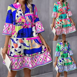 2026 Summer Multicolour Half Sleeve Abstract Print Flowy Tiered V-Neck Women Casual Clothing Dresses
