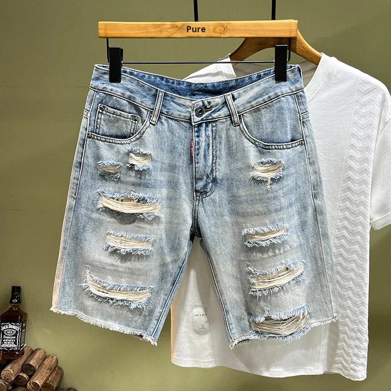 Vintage-stijl, hoogwaardige versleten en gescheurde nylon/katoenen korte broek voor heren, trendy slim-fit, elastisch, rechte pasvorm, zomerse casual stijl, middellange lengte