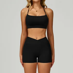 Lightweight Nylon Yoga 2-Piece Set Breathable Quick Dry Shockproof Tank Top Elastic Waist Sports Shorts Side Pocket Yoga Set