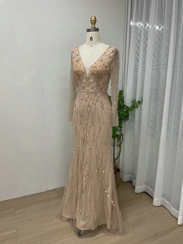 MB40114 V Neck Beaded Embroidery Fishtail Handmade Evening Dresses Sequined  Tulle Muslim Prom Dresses for Ladies Wholesale